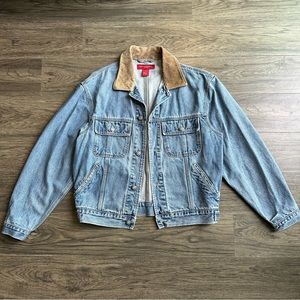Vintage denim jacket with leather collar